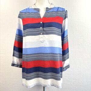 Talbots Striped Blouse Top Red White Blue 3/4 Career Lightweight Large Petite PL